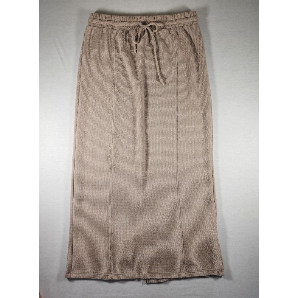 Tres Bien Womens Waffle Knit Maxi Skirt Taupe Tan Drawstring Waist Back Slit M/L